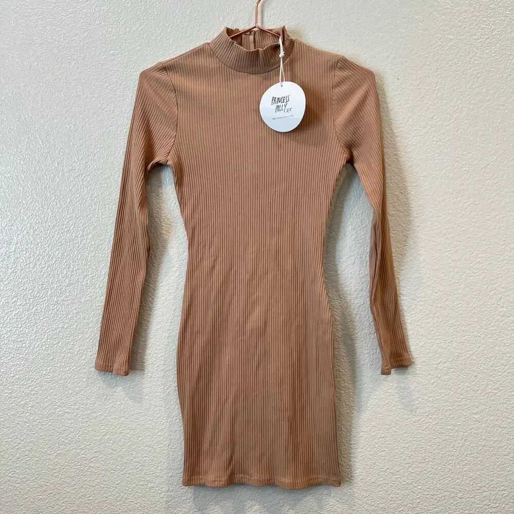 Princess Polly Savoy Long Sleeve Mini Dress Beige Tan Ribbed Knit Mock Neck